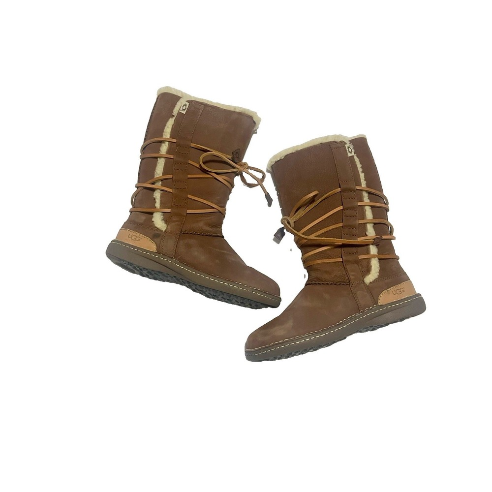 UGG Australia Catalina 1634 Brown Leather Sheepskin Winter Lace Up Boots Size 9